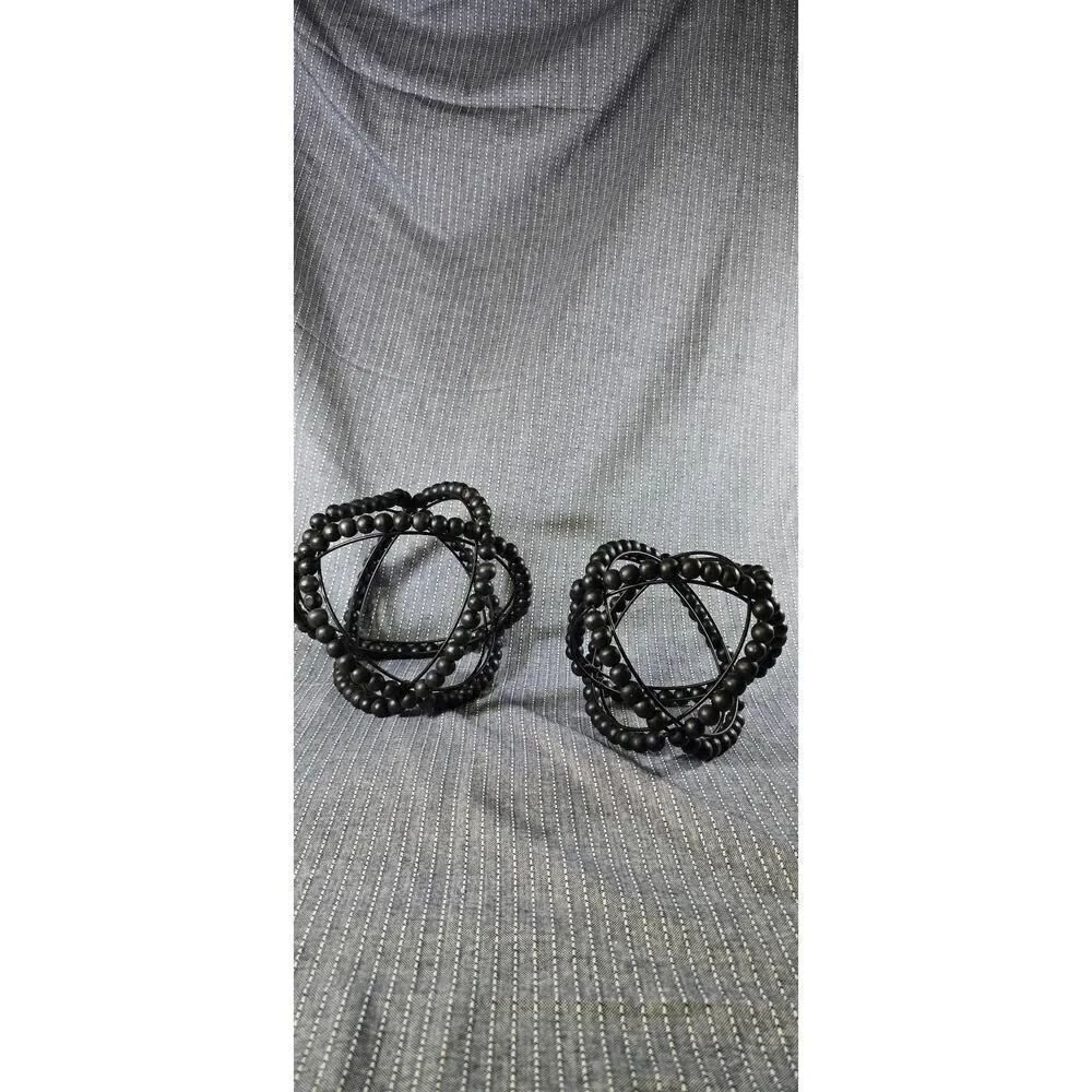 2 Black Wooden Bead & Metal Orb Sculptures